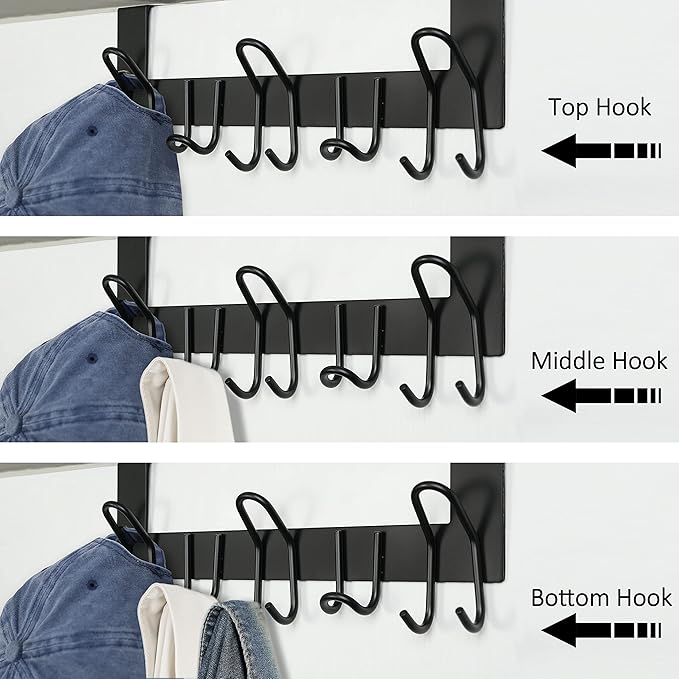 SKOLOO Over The Door Hooks - for Doors up to 1-3/4'' Thickness, Metal Door Hanger with 11 Hooks, Over The Door Hanger for Coats, Hats,Towels, Black