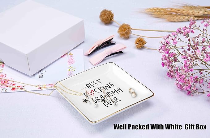 Topthink Best Grandma Gifts - Ceramic Jewelry Holder Ring Dish Trinket Tray - New Year Birthday Christmas Gifts for Nana Mom Grandma
