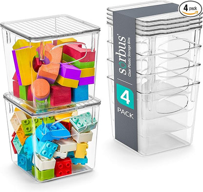 Sorbus Small Clear Plastic Storage Bins with Lids, Clear Stackable Storage Bins, Clear Toy Storage Bins, Clothes, Medicine, Makeup, Closet, Art Supply, Bathroom, Shoe, Toy Storage Organizer (4 Pack)