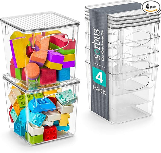 Sorbus Small Clear Plastic Storage Bins with Lids, Clear Stackable Storage Bins, Clear Toy Storage Bins, Clothes, Medicine, Makeup, Closet, Art Supply, Bathroom, Shoe, Toy Storage Organizer (4 Pack)