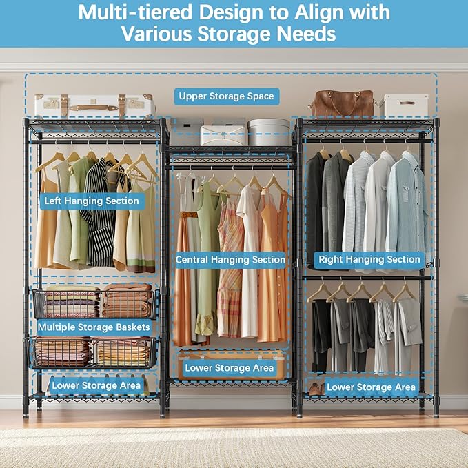 VIPEK V10C Portable Closets Heavy Duty Clothes Rack with Slid Basket, Wardrobe Closet, Black Clothing Rack with Grey Oxford Fabric Cover, Adjustable Closet Storage Rack 70.1" Lx17.3 Wx76.4 H