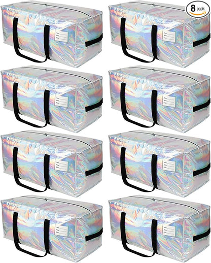 8 Pack Extra Heavy Duty Large Moving Bags with Comfortable Handle & Strong Zipper,Storage Totes for Space Saving Moving Storage College Supplies Alternative to Moving Box,Iridescent