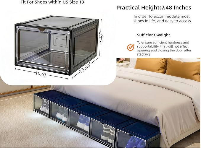 JECCICHY 12 Pack Black Shoe Storage Boxes Stackable, Plastic Shoe Boxes with Lids, Sneaker Storage, Transparent, Thick Hard, Drop Front Door, Within US Size 13