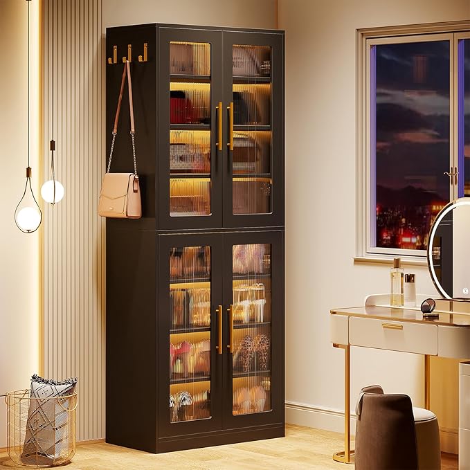 Tribesigns Tall Shoe Storage Cabinet with Acrylic Doors and LED Lights, 8-Tier Shoe Organizer Rack with Adjustable Shelves & Hanging Hooks for Narrow Closet, Hallway, Living Room, Black (Set of 2)
