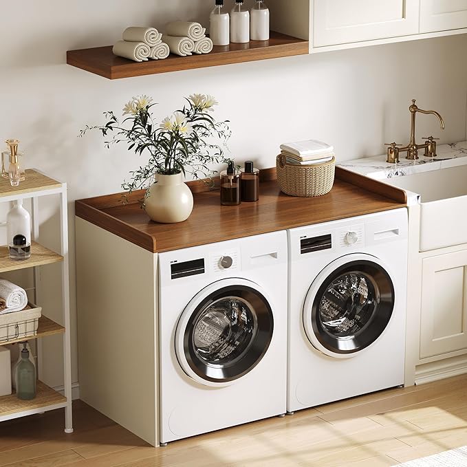 ChooChoo Washer Dryer Countertop, Laundry Room Topper for Folding Clothes and Storage, Over Machine Organizer Table, Walnut