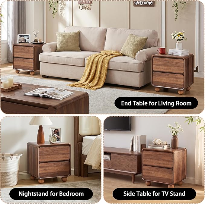 Small Night Stand Set of 2, Mid Century Modern Nightstands with 2 Drawers and Solid Wood Legs, 2 Drawer Dresser Curved Profile Design End Table Side Table for Small Space, Dorm, Bedroom(Walnut)