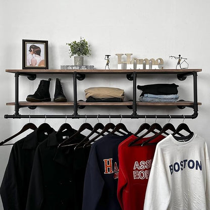 60In Industrial Pipe Clothing Rack with Top Shelf, Space-Saving Wall Mounted Clothes Rack 2 Tiers Pipe Shelves, Shelf with Hanging Rod for Laundry Room, Closet Storage
