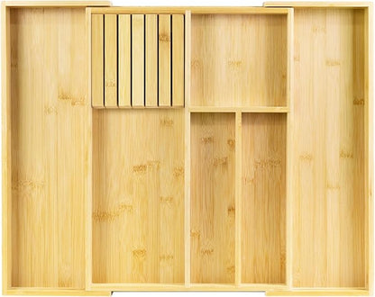 VaeFae Bamboo Kitchen Drawer Organizer, Utensil Tray with Multiple Compartments, Cutlery and Silverware Storage