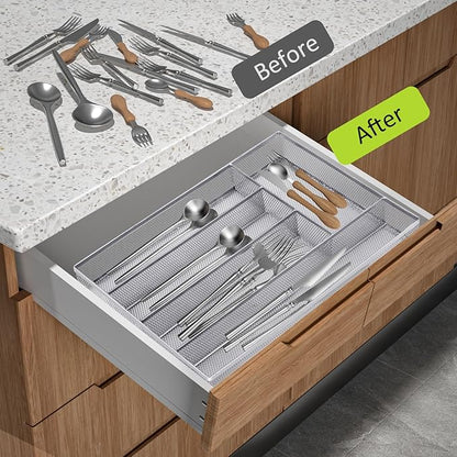 Neudeco Silverware Drawer Organizer Holder, Cutlery Tray Silverware Flatware Storage Divider for Kitchen, Bedroom, Living Room,Mesh Wire with Non-slip foam Feet, 5 Compoment（ Silver）