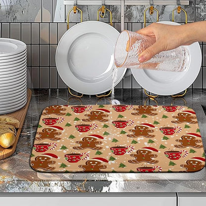 Christmas Gingerbread Man Dish Drying Mat for Kitchen Counter 16x18 Inch Winter Cute Candy Cane Hot Cocoa Xmas Tree Microfiber Drying Mats Orange Super Absorbent Dish Drainer Mats Washable Dish Pad