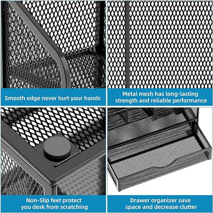 Marbrasse Mesh Pen Holder for Desk, Multi-Functional Pencil Organizer with Drawer, Desk Organizers and Accessories for Office Art Supplies (Black)
