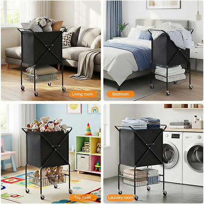 Laundry Basket with Wheels:88L Rolling Laundry Cart Foldable Metal Frame Dirty Clothes Laundry Hamper 36"H 4 Caster 2 Brake Waterproof Removable Liner Carry Handle for Dorm Laundry Room,Black