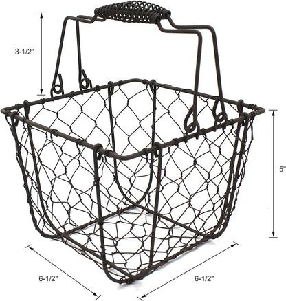 CVHOMEDECO. Square Chicken Wire Egg Basket Fruit Basket with Swing Handles Primitives Vintage Gathering Basket. Rusty