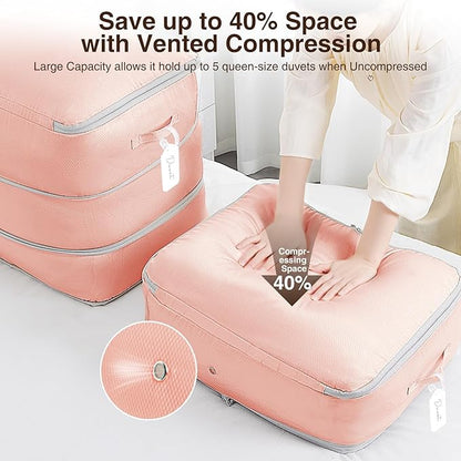 Homsorout 4 Pack Compression Storage Bags - 110L Large Capacity Comforter Storage Bag, 3-Layer Washable Ultra Space Saving Self Compression Organizer Space Bags for Blankets, Sweaters, Sheets, Pink