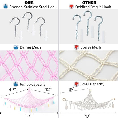 Stuffed Animal Net or Hammock with Light,Yewiwin Macrame Hanging Net Hammock for Stuffed Animal Toy Storage Organizer Boho Decor Room Holder for Nursery Play Room Bedroom (Pink)