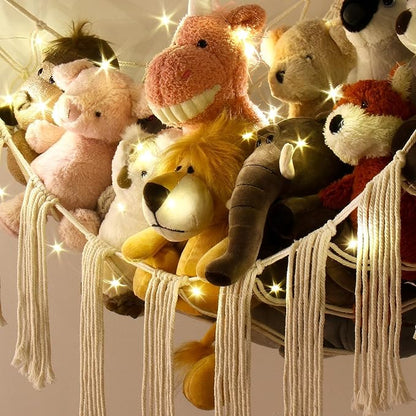 Stuffed Animal Hammock Corner Storage with LED Light - Toy Hammock Large Plushie Net - Stuffed Animal Holder Hanging Organizer - Teddy Bear Hammocks Room Decorations Preppy Toddler Kids Room Decor