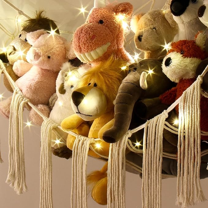 Stuffed Animal Hammock Corner Storage with LED Light - Plush Hammock Large Plushie Net - Stuffed Animal Holder Hanging Organizer - Teddy Bear Hammocks Room Decorations