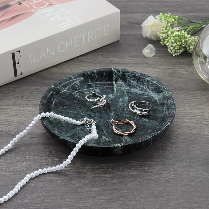 Plukers Small Natural Marble Jewelry Tray Key Plate Holder Dish Trinket Decor Catch All Bowl for Ring Earring Stone Gift for Women Daugther,Verde Alpi Green