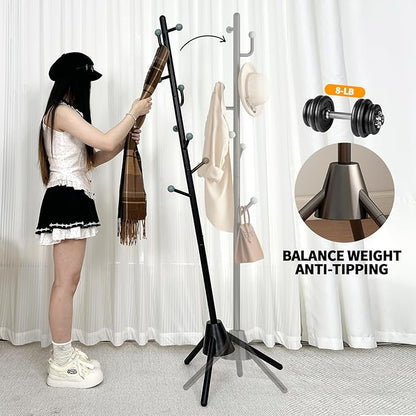 Anti-Tip Coat Rack with 8LB Weighted Base, Heavy Duty Metal Coat Rack Freestanding with 8 Hooks, 3 Adjustable Height Sturdy Clothes Rack Space Saving Organizer Stand for Entryway, Bedroom, Office