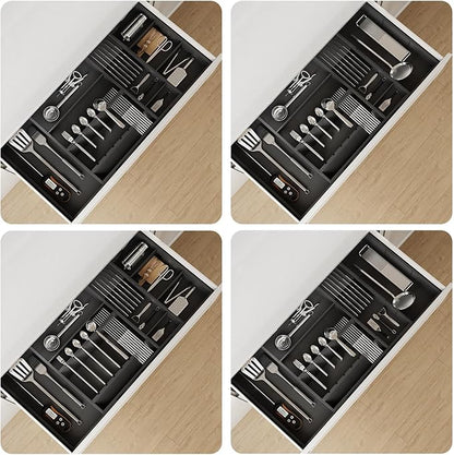 Bamboo Silverware Drawer Organizer, 17.7-29.5 Inch Expandable Large Kitchen Drawer Organizer, 5-8 Slot Flatware with Removable Card Slots & Knife Block for Spoon Butter Knive, Black