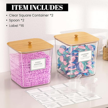 2 Pack Laundry Pods Container,Laundry Room Organization and Storage Containers with Wooden Lids & Labels Large Laundry Detergent Container for Powder,Scent Booster,Pods,Dryer Ball