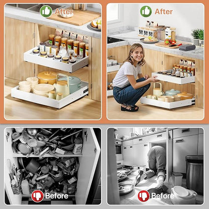 BUFOR 2 Pack Pull out Cabinet Organizer, Width (12"-19") Depth (17"-23"), with 3 Rails Adjustable Slide, Expandable Pullout Drawers for Cabinets, No Drill Adhesive Kitchen Drawers for Pantry Shelves