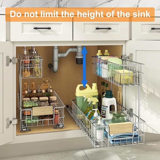 ROOMTEC Pull Out Cabinet Organizer Under Sink Slide Out Storage Shelf with 2 Tier Sliding Wire Drawer, Sliding Storage for Inside Kitchen Cabinet- 11½ in. W x 17¾ in. D (Left)