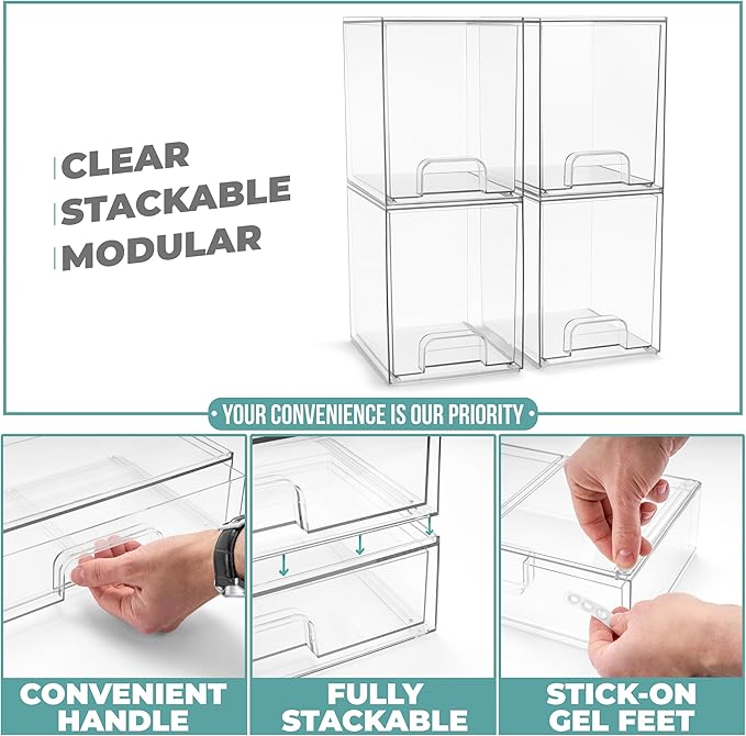 Sorbus Stackable Acrylic Storage Drawers, 8 Pack Clear Plastic Organizer Bins for Baby Bottles, Makeup, Bathroom, Vanity & Kitchen Countertop Organization, Pull-Out Drawer Design for Cabinets & Pantry