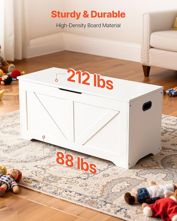 VEVOR Kids Storage Bench, Wooden Toy Box Chest, Large Storage Cabinet with Safety Hinge, Toddlers Storage Bench for Playroom, Living Room or Entryway, Easy Assembly, 38.98 x 15.55 x 18.9 in, White