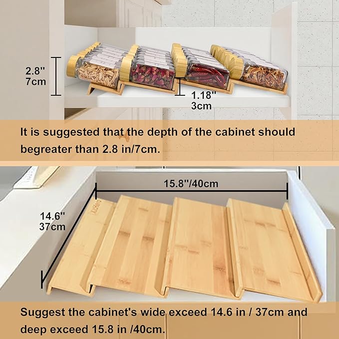KitHero Spice Drawer Organizer with 28 Bamboo-lidded Spice Jars,216 Labels,25 Non-slip Rubber, Bamboo 4 Tier Seasoning Rack Tray Insert for Kitchen Drawers,Cabinets,Countertop,14.6" Wide x 15.8" Deep
