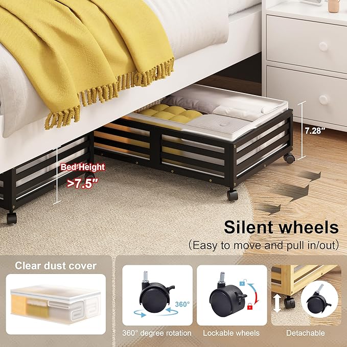 Wisuce Home Under Bed Storage Containers With Wheels - 2 Pcs Bamboo Wood Rolling Underbed Shoe Storage Bins With Dust Bags for Clothes Blankets, Duvet Covers Snacks Toys (Black)