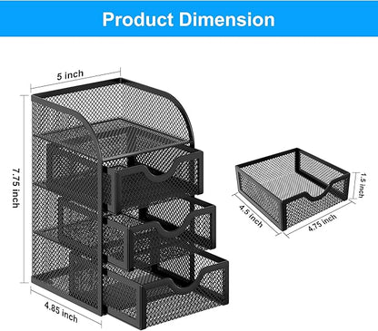 EasyPAG Mesh Desk Organizer with 3 Drawer Office Desktop Organizers and Accessories Stationery Caddy for Office, Home, Students, Black