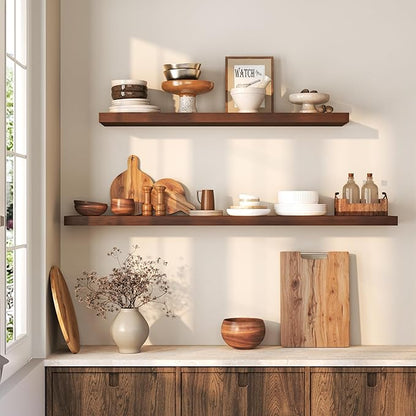 48 Inch Floating Shelf for Fireplace Mantel - 8 Inch Deep Rustic Solid Pine Wood Wall Shelf - Farmhouse Style Shelf with Heavy-Duty Metal Brackets - 48"W x 8"D - American Walnut, Set of 1