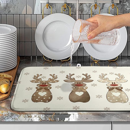 Wnoesat Christmas Reindeer Snowflakes Dish Drying Mat for Kitchen Counter 18x24 Inch Winter Xmas Holiday Drying Pads Microfiber Absorbent Dish Draining Mat Large Dish Drainer Rack Mat