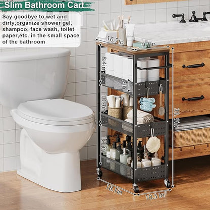 Utility Slim Storage Cart, 4-Tier Narrow Bathroom Organizer and Storage Cart, Metal Narrow Kitchen Laundry Room Organization Rack with Wood Top, Slim Rolling Shelf with Wheels for Small Space