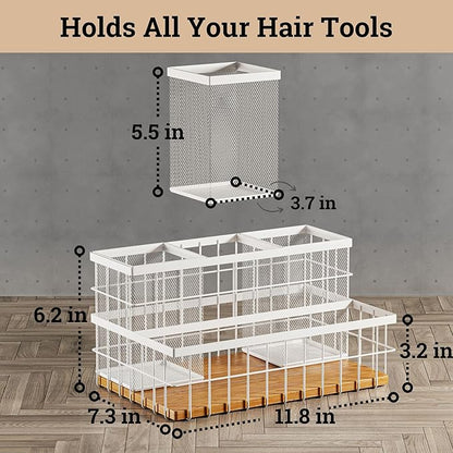 Hair Tool Organizer Countertop - Breathable Metal & Bamboo Hot Tools Organizer for Vanity - Hot Hair Tools Organizer Under Sink - Bathroom Hair Dryer Holder Countertop - Brush and Comb Holder Vanity