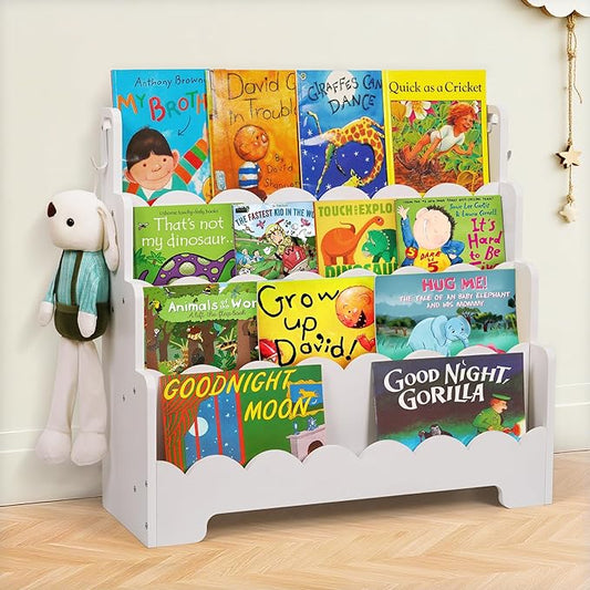 Kids Bookshelf Wooden 4-Tier, Scalloped Book Shelf for Kids Rooms, Front Facing Toddler Montessori Bookshelf, Baby Nursery Book Shelves Kid Classroom Book Shelf Bookcase
