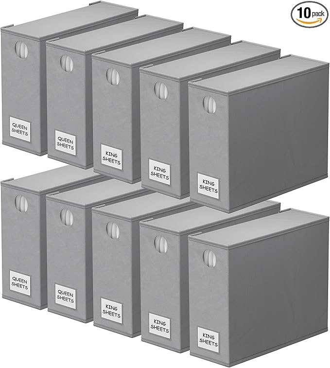 SpaceAid 10 Pack Bed Sheet Organizers and Storage, Foldable Sheet Organizer for Linen Closet, Sheets Set Folder Keeper with Window XL (Queen & King Size) Organizing Bedding Container, Gray