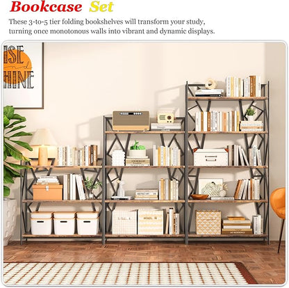 UDD No Assembly Wide Folding Bookshelf, 64.3" H x 30.9" W, 5 Tier Foldable Book Shelf Industrial Bookcase, Vintage Collapsible Storage Shelves for Home Office Living Room Bedroom, Rustic Brown Black