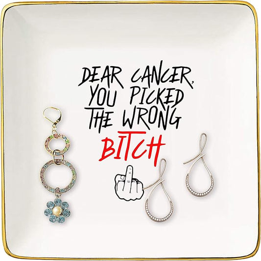 Breast Cancer Survivor Gifts for Women - Dear Cancer You Picked The Wrong Bitc - Ovarian,Chemotherapy,Fck Cancer Suck Gifts for Cancer Patient-Ceramic Jewelry Holder Ring Dish Trinket Box Tray