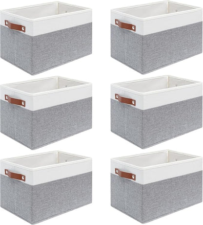 6 Pack Fabric Storage Baskets for Shelves, Closet Storage Bins for Shelves, Fabric Baskets for Organizing with Handles for Home and Office (White with Grey,15"L*10.2"W*9"H)