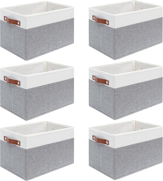 6 Pack Fabric Storage Baskets for Shelves, Closet Storage Bins for Shelves, Fabric Baskets for Organizing with Handles for Home and Office (White with Grey,15"L*10.2"W*9"H)