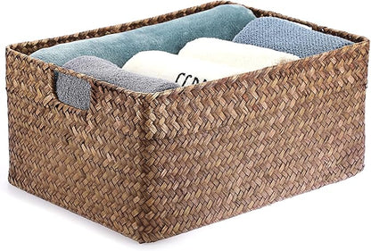 Hipiwe Seagrass Storage Baskets Bin for Shelf Handwoven Wicker Baskets Built-in Handles Rectangular Closet Bedroom Organizer Box Multipurpose Storage Basket Organizer,16.1"L x11.8"W x7.7"H