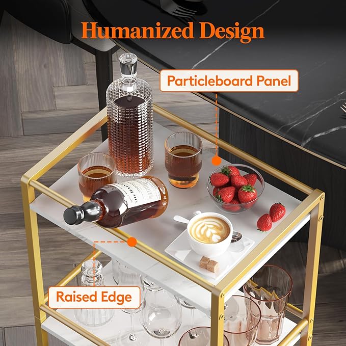 Lifewit Bar Cart for The Home, 3 Tier Rolling Wine Cart, Drink Serving Cart with Lockable Wheels, Mini Liquor Utility Cart for Dining Living Room, 43 x 30 x 81.5 cm/17x 11.8 x 32.1 inch, Gold