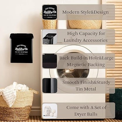 Magnetic Lint Bin for Laundry Room, Metal Trash Can with Lid for Dryer, Farmhouse Lint Holder, Laundry Co Sign, Laundry Room Storage Decor with Dryer Lint Brush (Black-Dryer Ball Set)