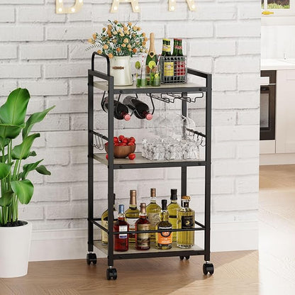 Bar Cart for The Home, 3 Tier Kitchen Carts with Wheels, Small Rolling Cart with Glass Holders, Wine Rack, Mini Bar Cart for Kitchen, Dining Room, Living Room, 13.0" D x 17.0" W x 33.8" H, Greige