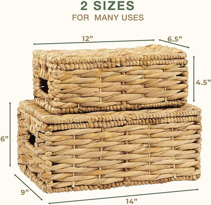 Set of 2 Wicker Baskets with Lid - Decorative Storage Boxes for Home Decor, Shelves - Woven Basket with Lid - Wicker Decor - Rattan Box - Decorative Bins with Lids (Natural)