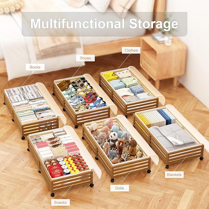 Wisuce Home Under Bed Storage Containers With Wheels - 2 Pcs Large Bamboo Wood Rolling Underbed Shoe Storage Bins With Dust Bags for Clothes Blankets, Duvet Covers Snacks Toys (Walnut)