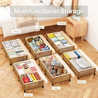 Wisuce Home Under Bed Storage Containers With Wheels - 2 Pcs Large Bamboo Wood Rolling Underbed Shoe Storage Bins With Dust Bags for Clothes Blankets, Duvet Covers Snacks Toys (Walnut)