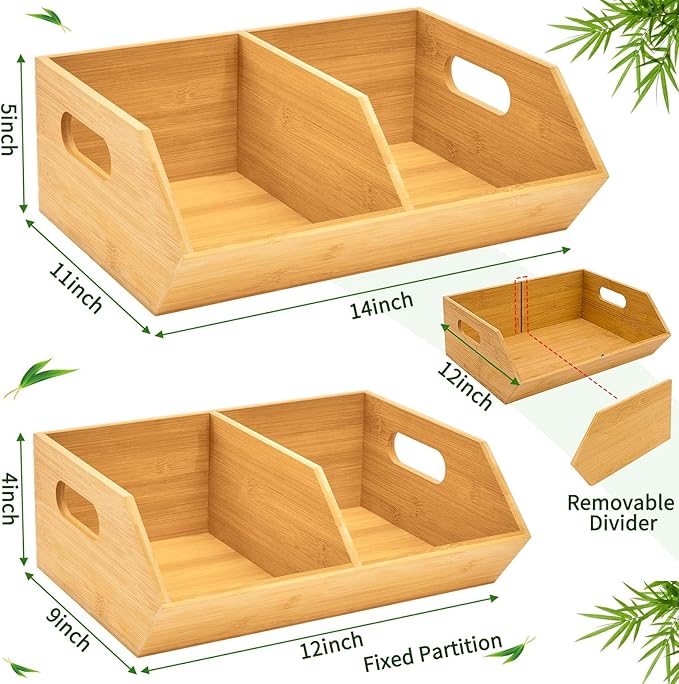 2 Set Bamboo Storage Bins, Pantry Organizers and Storage, Kitchen Countertop Organization and Storage Basket for Produce, Onions, Potatoes, Garlic, Fruits, Vegetable and Bread